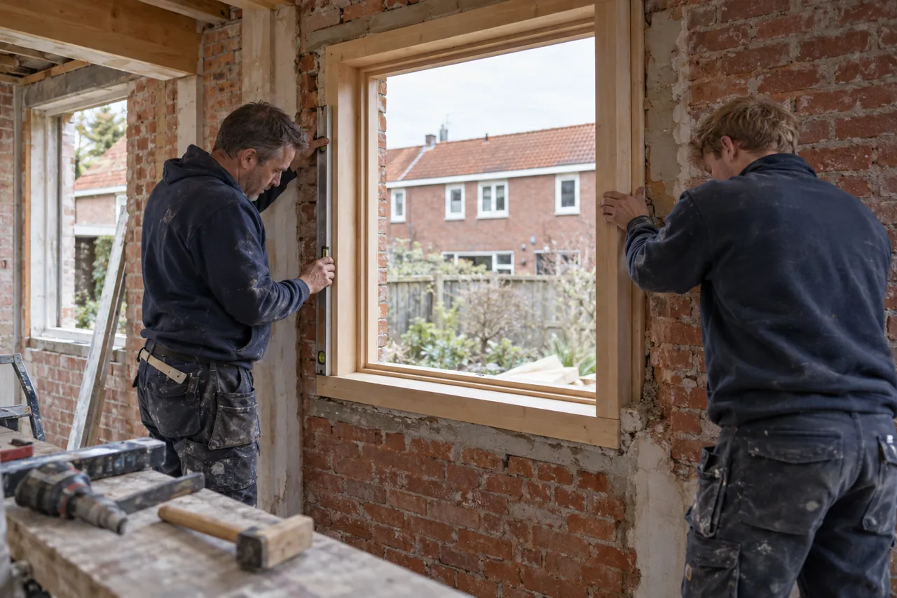 Twee vakmensen werken aan een kozijn in een gemetselde Nederlandse aanbouw