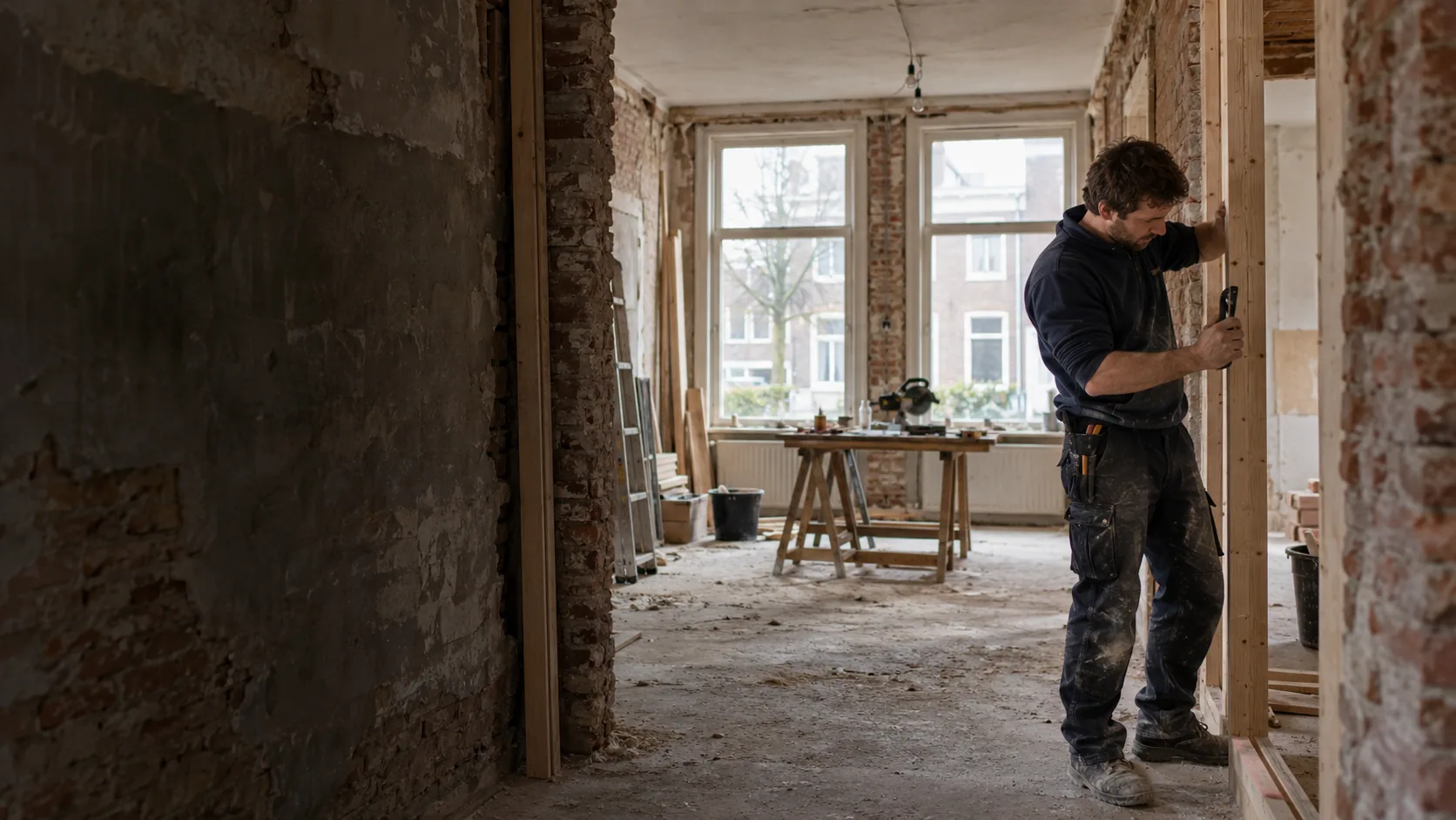 Timmerman aan het werk in een Nederlandse woning in verbouwing